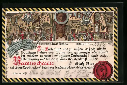 Lithographie Dresden, Gasthaus Bärenschänke, Innenansicht, Siegel