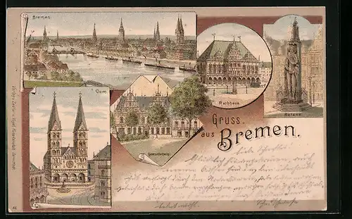 Lithographie Bremen, Gewerbehaus, Dom, Rathaus