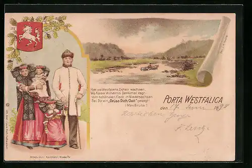 Lithographie Porta Westfalica, Panorama, Familie in Tracht, Wappen