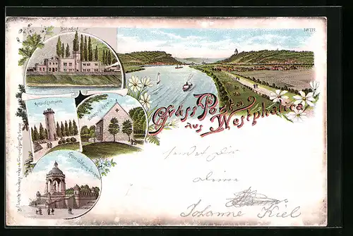 Lithographie Porta Westphalica, Bahnhof, Witttekinds-Kapelle, Aussichtsturm