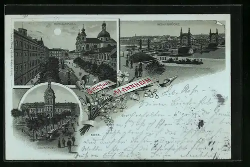 Mondschein-Lithographie Mannheim, Kaufhaus, Schillerplatz, Neckarbrücke