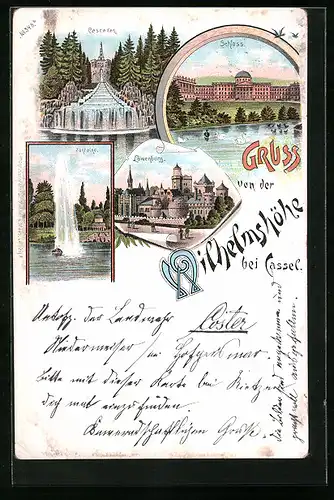 Lithographie Kassel, Löwenburg, Schloss Wilhelmshöhe, Fontaine