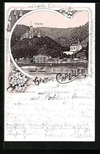 Lithographie Capellen, Teilansicht mit Burg Stolzenfels