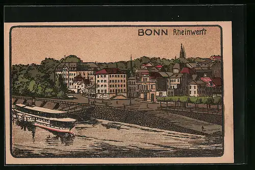 Steindruck-AK Bonn, Ortspartie mit Rheinwerft und Dampfer