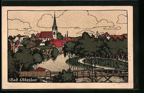 Steindruck-AK Bad Oldesloe, Teilansicht mit Grünanlagen