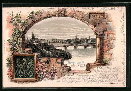 Passepartout-Lithographie Frankfurt a. M., Mainansicht mit Stadtpanorama