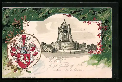 Passepartout-Lithographie Porta Westfalica, Kaiser-Wilhelm-Denkmal mit Wappen