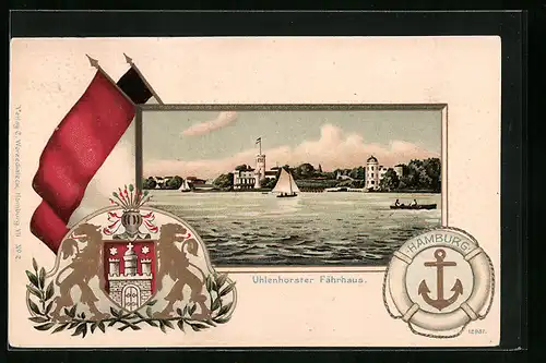 Passepartout-Lithographie Hamburg, Uhlenhorster Fährhaus von der Wasserseite, Wappen