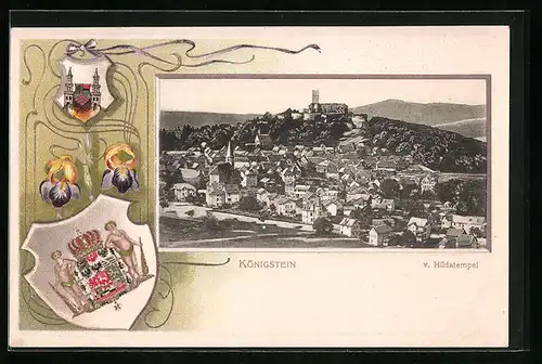 Passepartout-Lithographie Königstein, Gesamtansicht vom Hildatempel gesehen