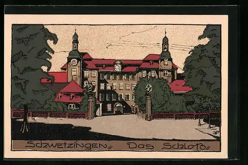 Steindruck-AK Schwetzingen, Das Schloss in der Frontalansicht