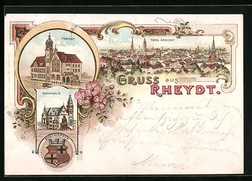 Lithographie Rheydt, Postamt, Rathaus, Totalansicht