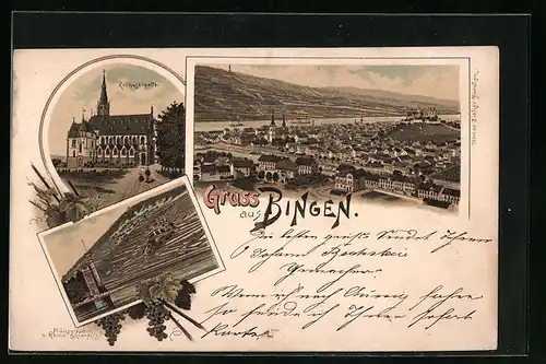 Lithographie Bingen, Rochuskapelle, Mäuseturm, Gesamtansicht