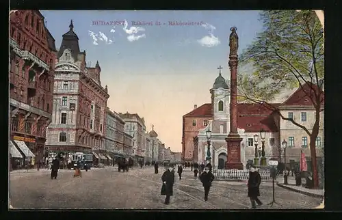 AK Budapest, Passanten auf der Rakoczistrasse mit Strassenbahn