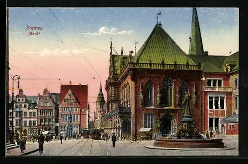 AK Bremen, Springbrunnen am Markt mit Strassenbahn