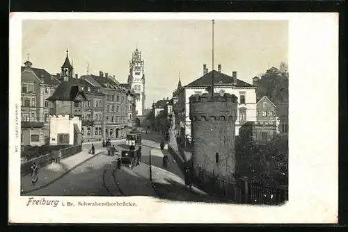 AK Freiburg i. Br., Partie an der Schwabenthorbrücke mit Strassenbahn