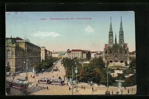 AK Wien, Freiheitsplatz mit Votivkirche und Strassenbahn