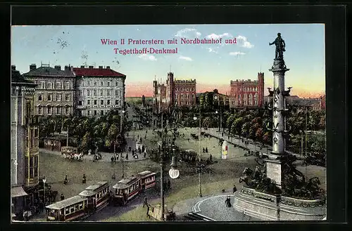 AK Wien, Praterstern mit Nordbahnhof, Tegetthoff-Denkmal und Strassenbahn