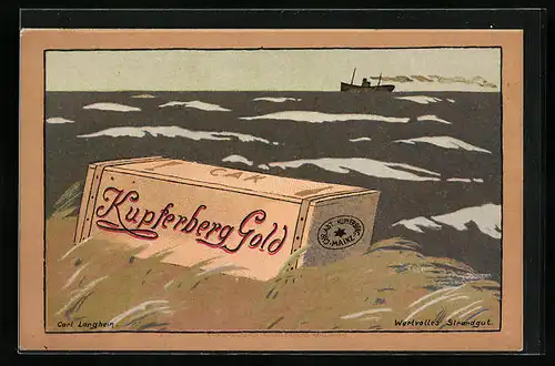 Künstler-AK sign. Cal Langhein: Wertvolles Strandgut, Kiste mit Kupferberg Gold-Wein, Im Hintergrund Dampfschiff