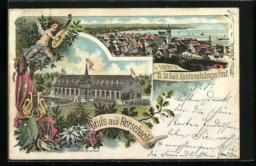 Lithographie Rorschach, XI. St. Gall. Kantonalsängerfest 1901, Festhalle, Teilansicht