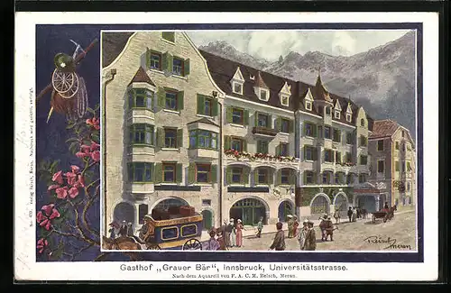 Künstler-AK F.A.C.M. Reisch: Innsbruck, Gasthof Grauer Bär in der Universitätsstrasse mit Kutsche