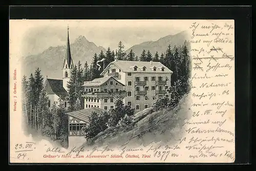 Künstler-AK F.A.C.M. Reisch: Sölden /Ötztal, Grüner`s Hotel Zum Alpenverein