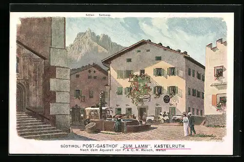 Künstler-AK F.A.C.M. Reisch: Kstelruth, Post-Gasthof Zum Lamm mit Schlern und Santnersp.
