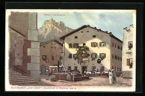 Künstler-AK F.A.C.M. Reisch: Kastelruth, Post-Gasthof zum Lamm mit Schlern u. Santnerspitze
