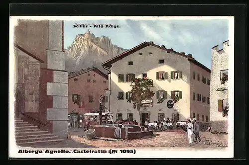 Künstler-AK F.A.C.M. Reisch: Castelrotto, Albergo Agnello & Sciliar