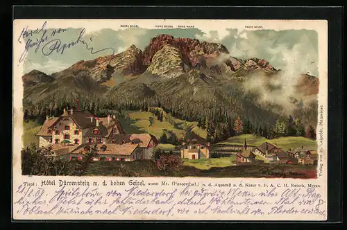 Künstler-AK F.A.C.M. Reisch: Dürrenstein /Pustertal, Hotel Dürrenstein m. d. hohen Geisel und kleinen Geisel