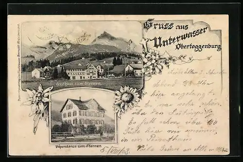 AK Unterwasser b. Obertoggenburg, Gasthaus zum Sternen mit Alpenlandschaft