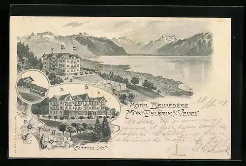 Lithographie Le Mont-Pélerin, Gasthaus Altitude mit Gebirgspanorama