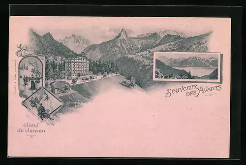 Lithographie Avants, Hotel de Jaman mit Alpenlandschaft