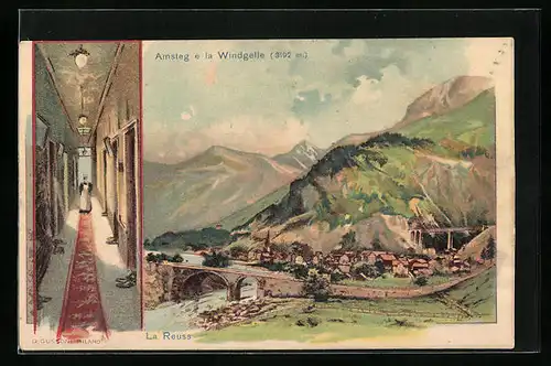 Lithographie Amsteg e la Windgelle, La Reuss, Totalansicht