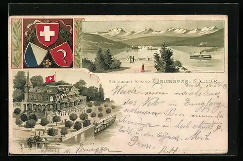 Lithographie Zürich, Restaurant und Kasino Zürichhorn, Panorama mit Zürichsee, Wappen