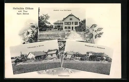 AK Ellikon a. d. Thur, Heilstätte, Ökonomie und Kirche, Ansicht von Süd-Osten, Hauptportal und Waschhaus