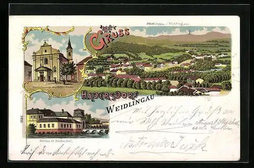 Lithographie Wien, Schloss in Hadersdorf, Weidlingau vom Mühlberg aus, Mariabrunner Wohlfahrts-Kirche
