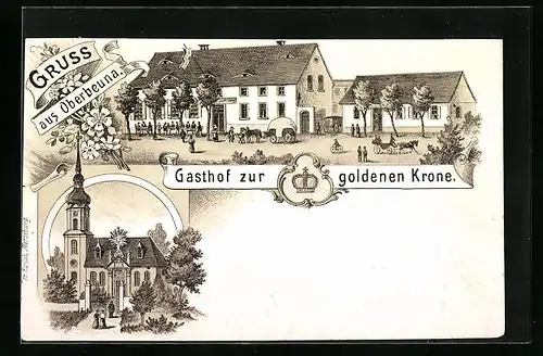 Lithographie Oberbeuna, Gasthof zur goldenen Krone und Kirche