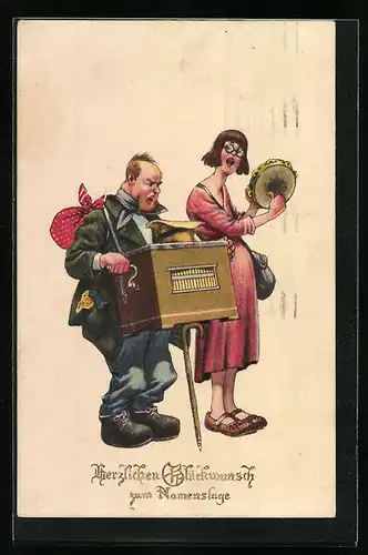 Künstler-AK Glückwunsch zum Geburtstag mit Leierkasten