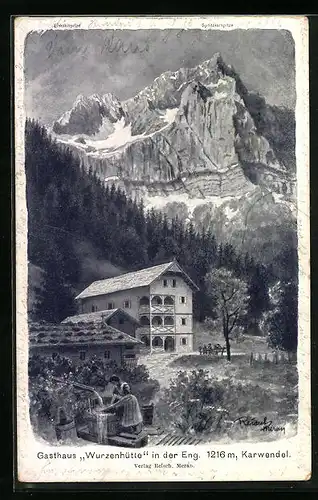 Künstler-AK F.A.C.M. Reisch: Karwendel, Gasthaus Wurzenhütte in der Eng