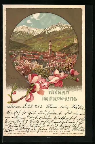 Künstler-AK F.A.C.M. Reisch: Meran, Ortsansicht im Frühling