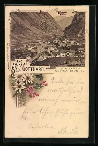 Lithographie Göschenen, Totalansicht mit Gotthardtunnel