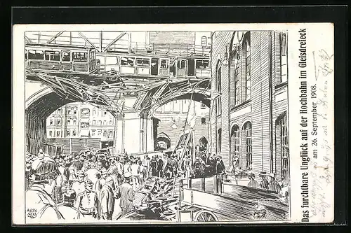 Künstler-AK Berlin, Eisenbahnkatastrophe am Gleisdreieck 1908