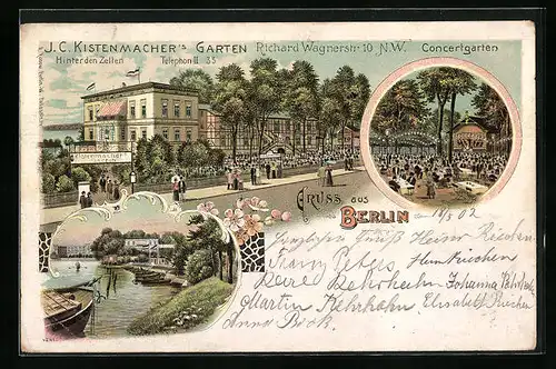 Lithographie Berlin, Kistenmacher`s Garten mit Concertgarten in der Richard Wagnerstr. 10