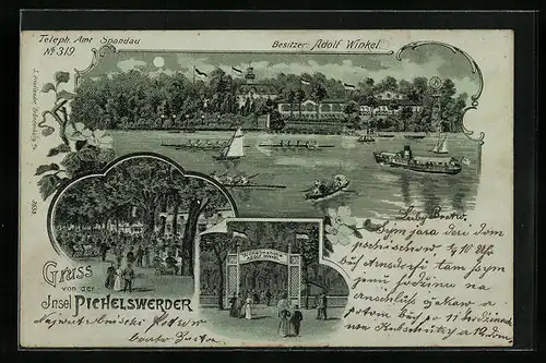 Mondschein-Lithographie Spandau, Insel Pichelswerder mit Gasthaus Adolf Winkel