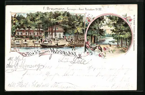 Lithographie Berlin-Wannsee, Uferpartie am Gasthaus Moorlake von F. Braumann