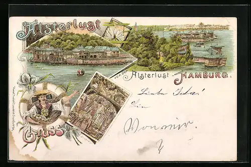 Lithographie Hamburg-St.Georg, Alsterlust mit Bootspartie