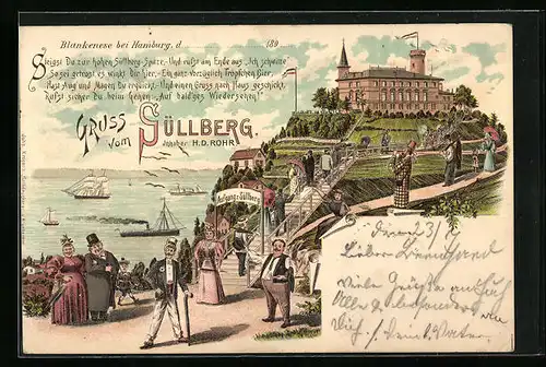 Lithographie Blankenese b. Hamburg, Süllberg mit Uferpartie