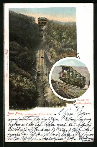 AK Bad Ems, Strecke und Wagen der Malbergbahn