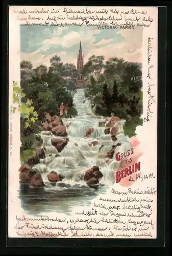 Lithographie Berlin, Blick auf die Victoria Wasserfälle im Victoria-Park