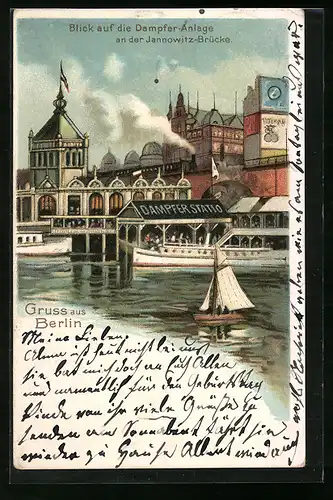 Lithographie Berlin, Blick auf die Dampferanlage an der Jannowitz-Brücke
